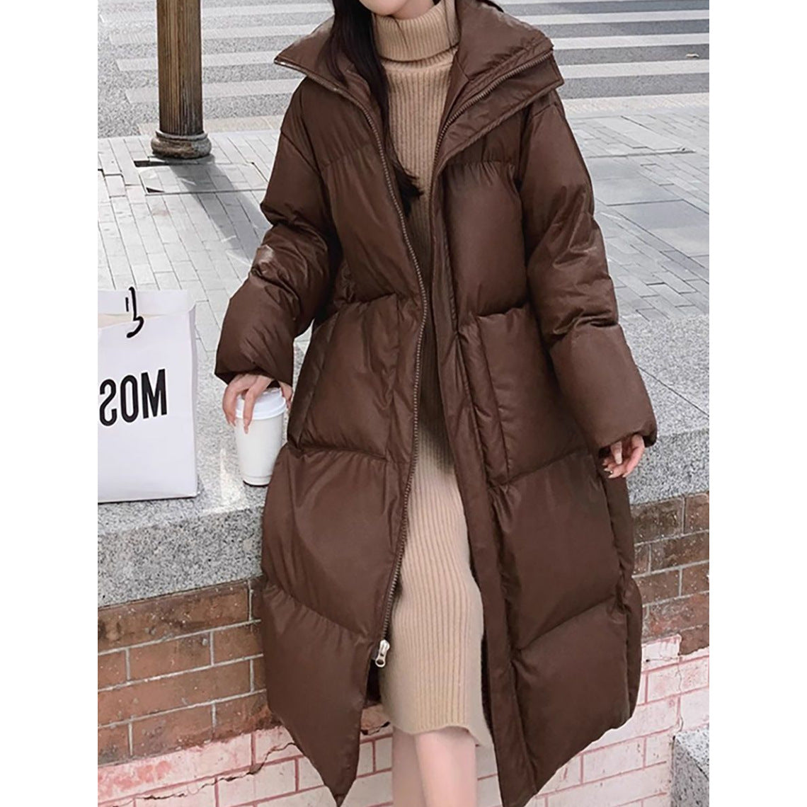 Coffee Brown Mid-Length Padded Puffer Jacket With Zipper