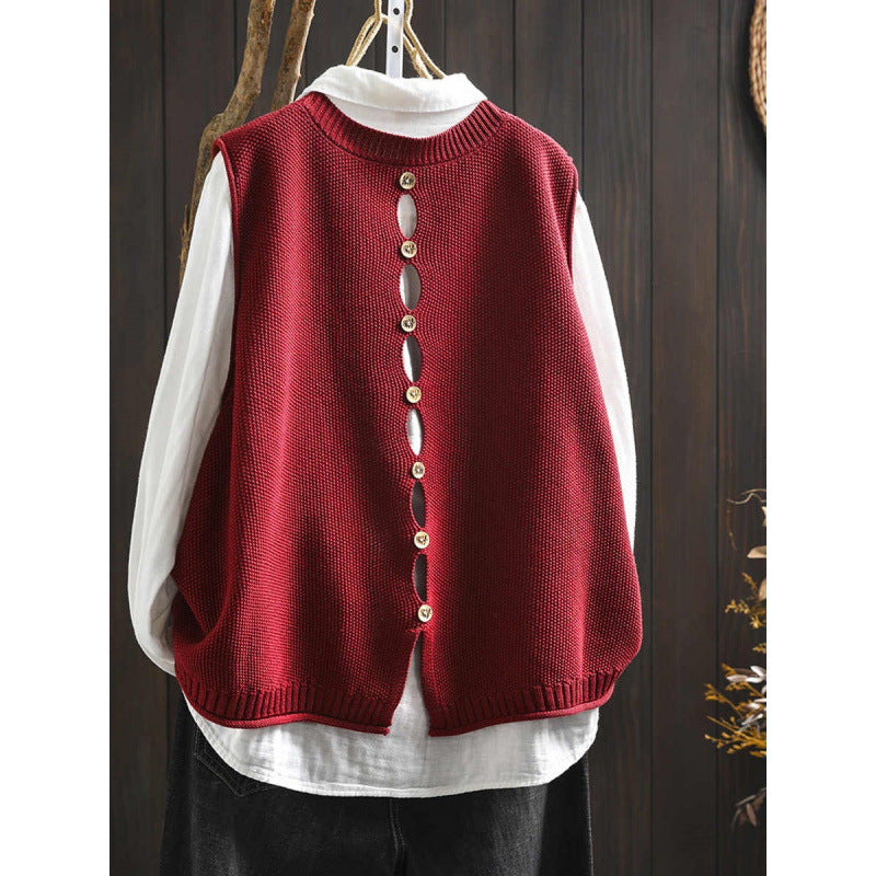 Back Buttoned Cotton Thread Knitted Vest Women