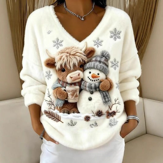 Fashionable Digital-Printed Christmas Women's V-Neck Sweater