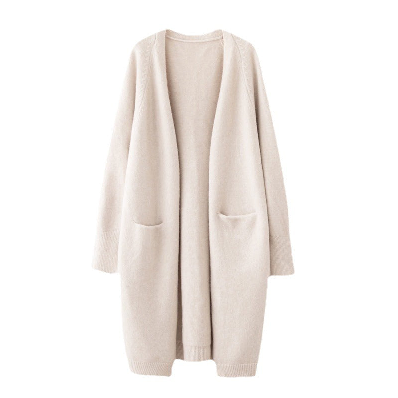 Mid-length Sweater Women's Solid Color V-neck Knitted Jacket