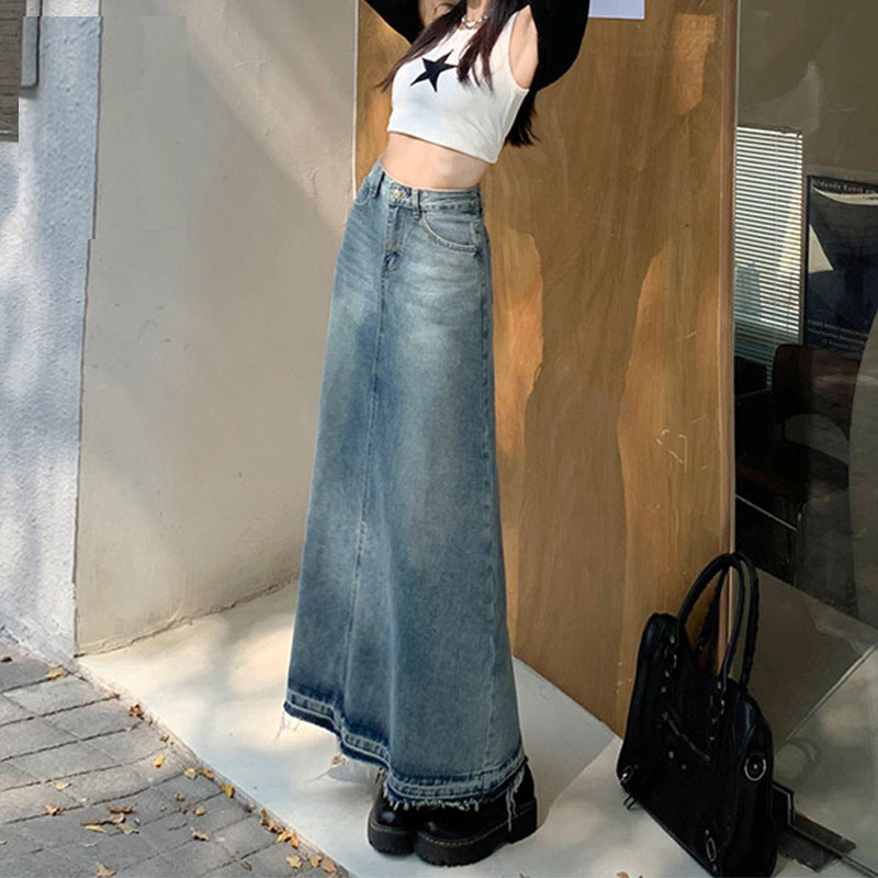 Women's Frayed Denim Skirt Retro Blue