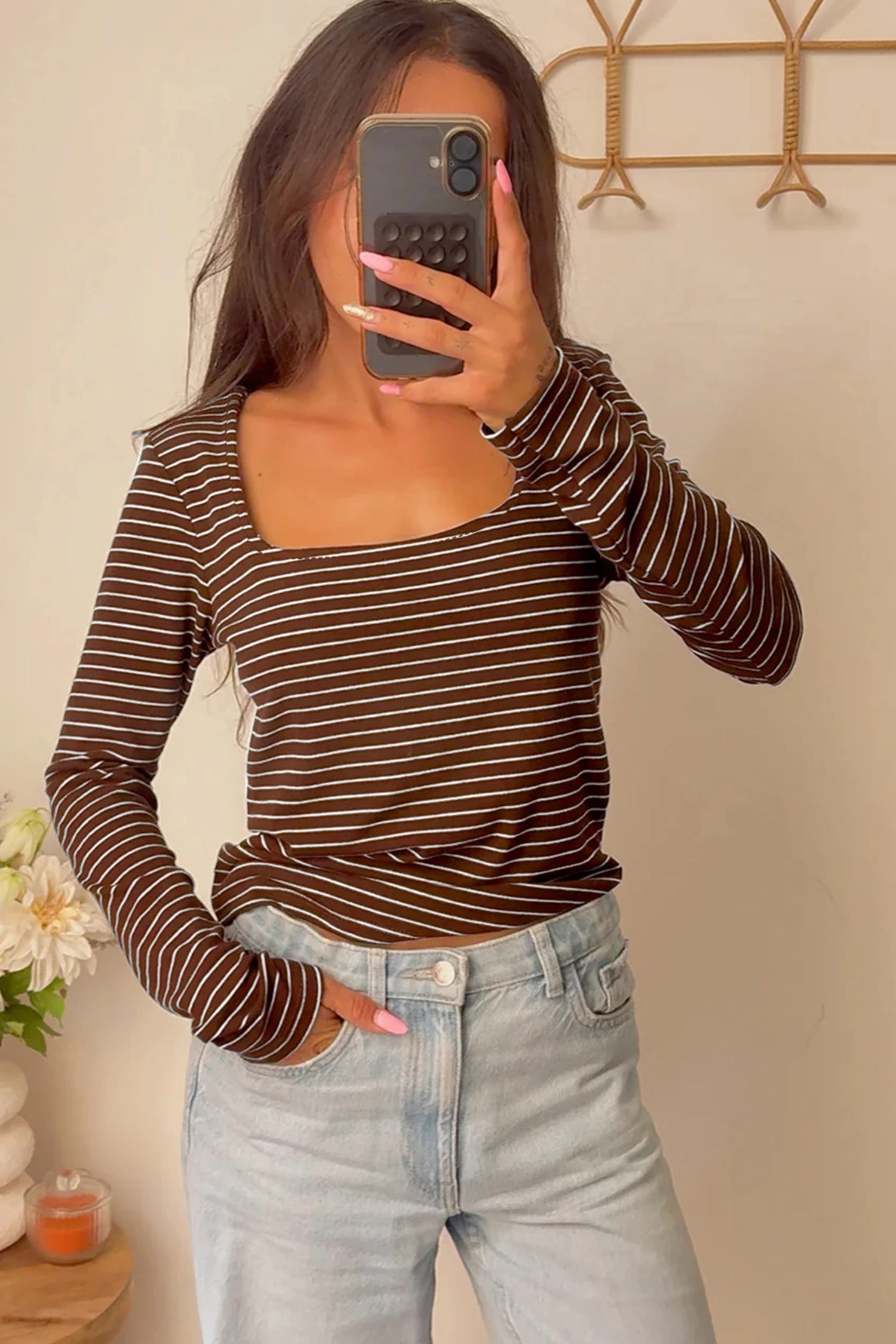 Women's Striped Slim-fit U-neck Long-sleeve Top