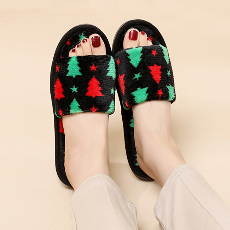 Multicolor Christmas Themed Fleece Open Toed House Shoes