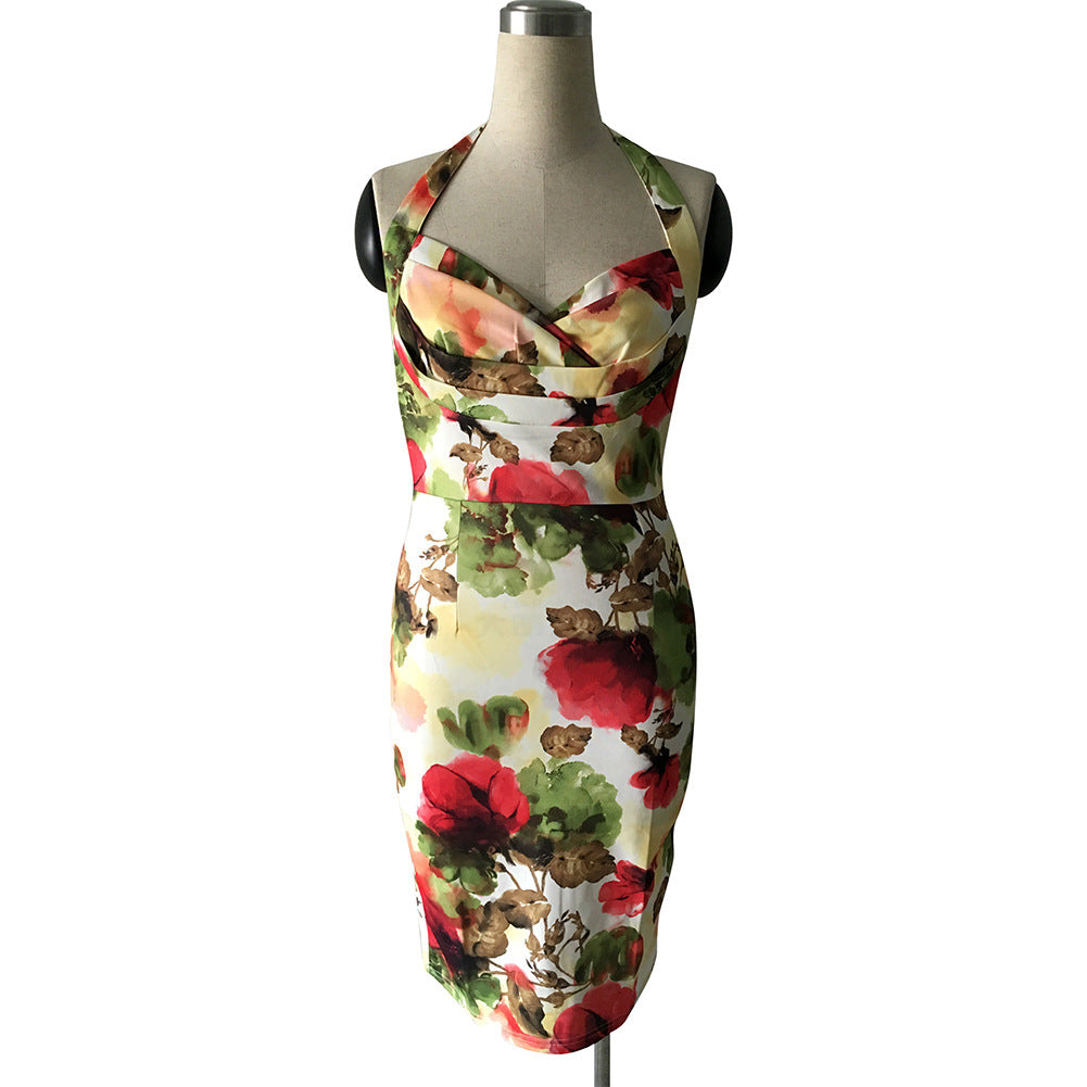 Floral Pleated Bodice Halter Dress