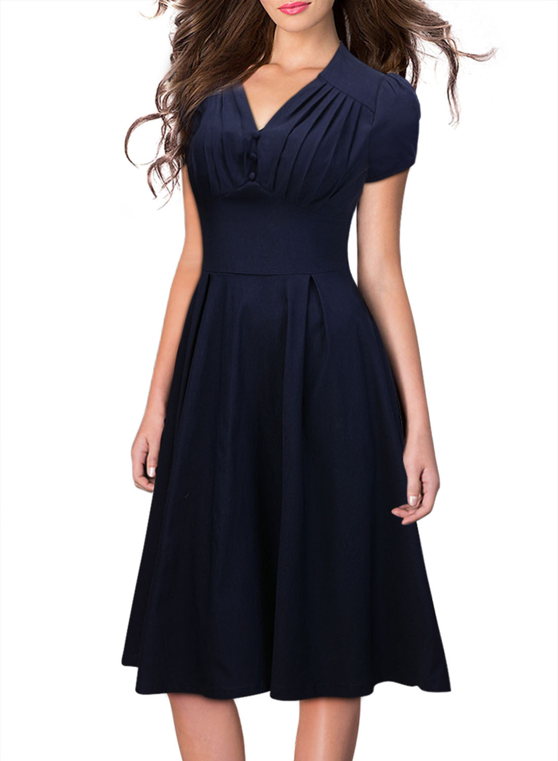 Pleated Button Bodice Cap-Sleeve Dress