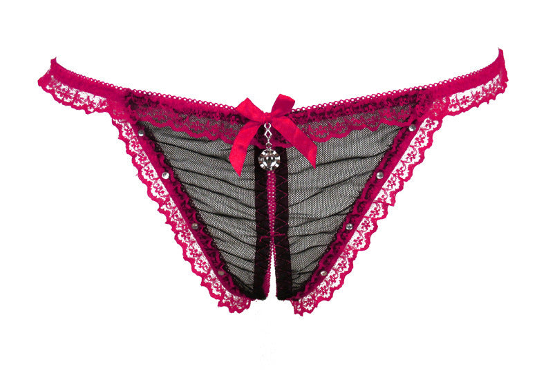 Lace and Mesh Cutout Front Jeweled Thongs