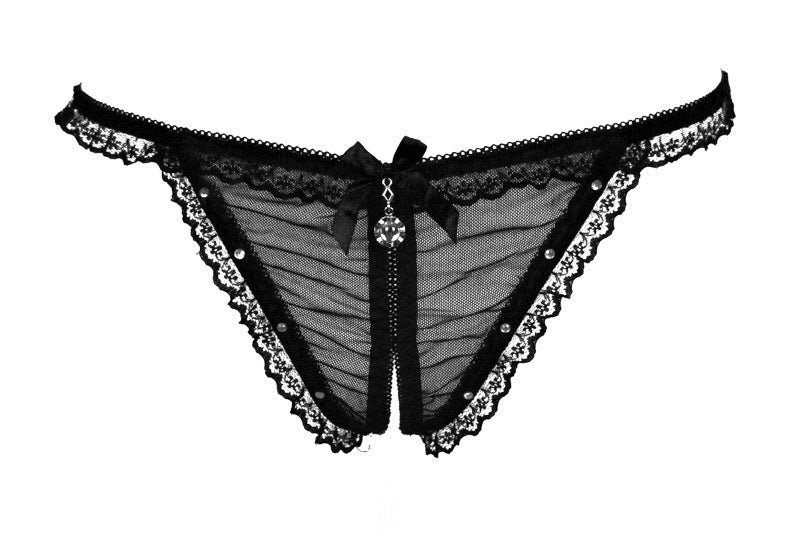 Lace and Mesh Cutout Front Jeweled Thongs