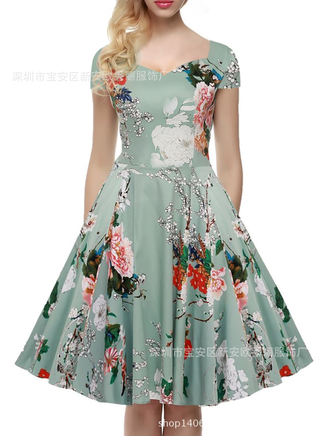 Mint Green Floral Sweetheart Dress