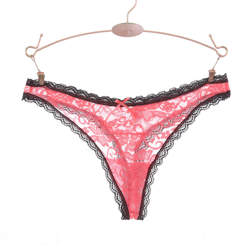 Lace Trim Floral Design Thong Panty