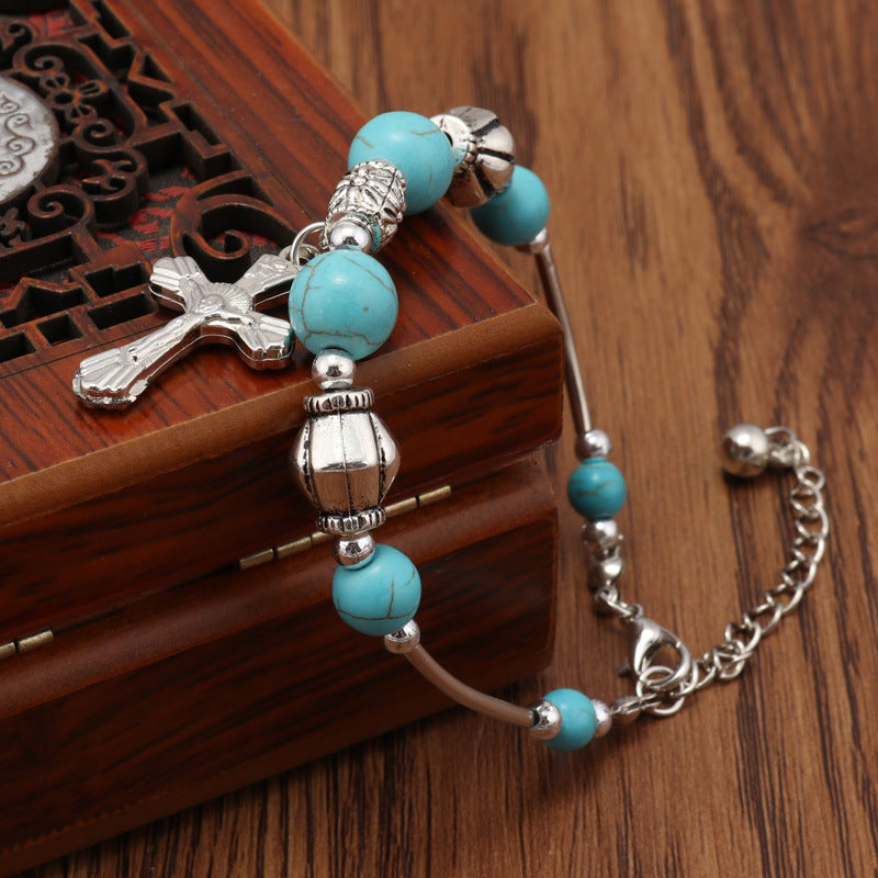 Cross and Turquoise Beaded Bracelet