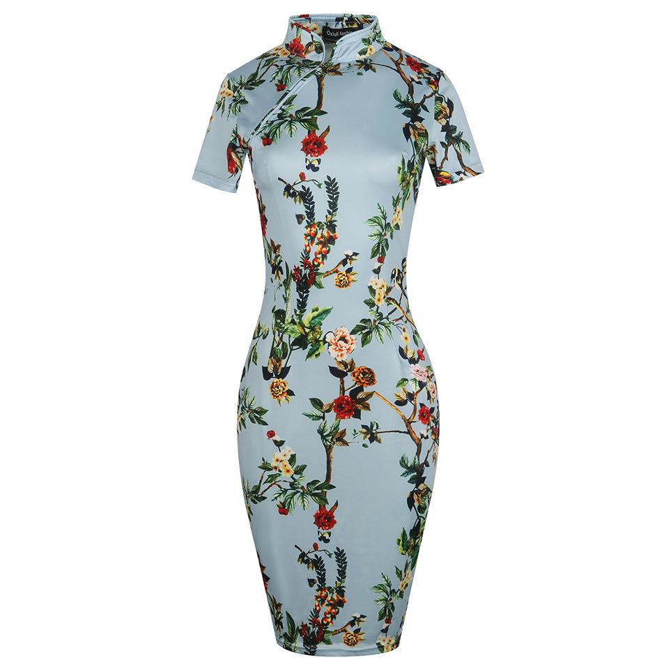 Bloemen mandarijn kraag cheongsam jurk