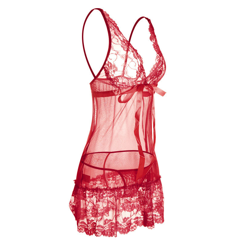 Conjunto de lingerie de babydoll de bainha de renda rufada