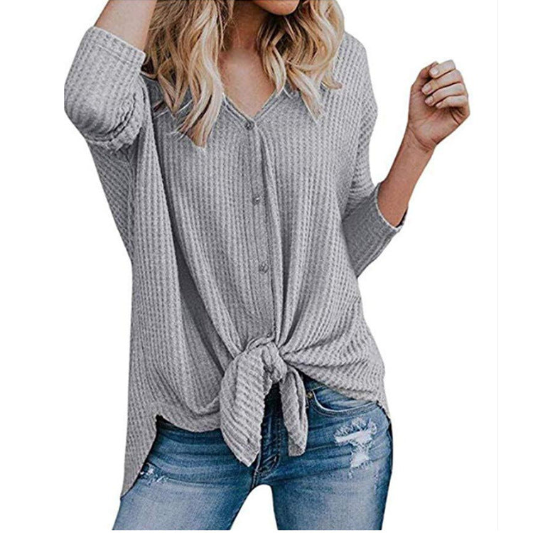 Waffle Knit Tie-Hem Button-Up Tunic