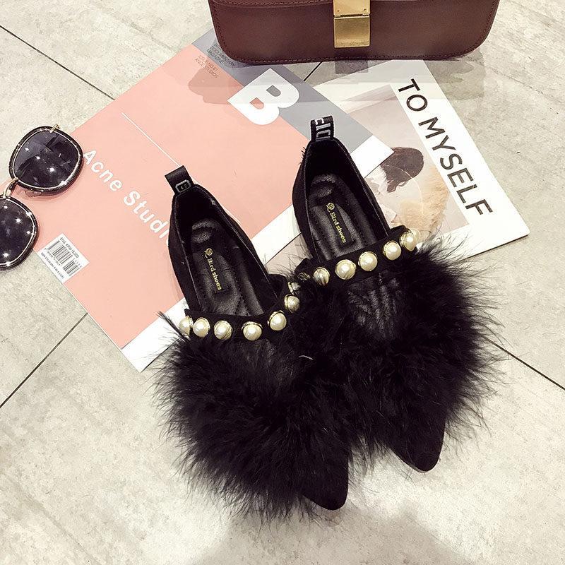 Furry Pearl Trim Fashion Flats