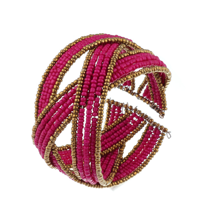 Criss Crossed Beaded Cuff Bracelet-Purple-Theone Apparel