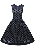 Velvet polka stip overlay mouwloze jurk