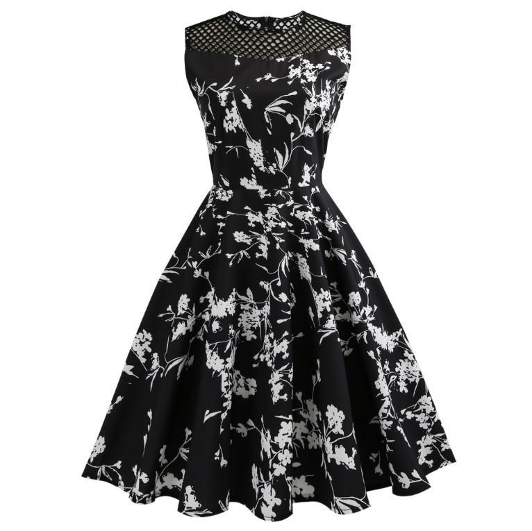 Fishnet Cutout Floral Print Dress-Black/White-Theone Apparel