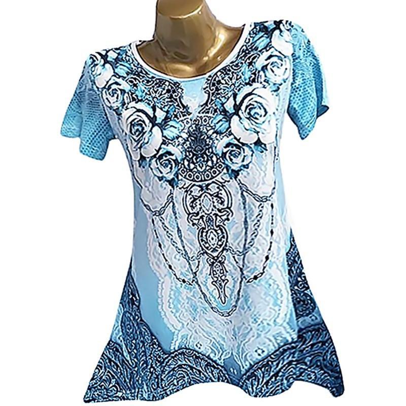 Flora Jewelry Print Peak Hem Top-Blue-Theone Apparel