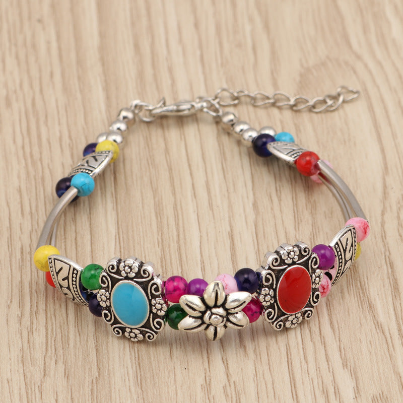 Floral Beaded Metal Bracelet-Red/Blue-Theone Apparel