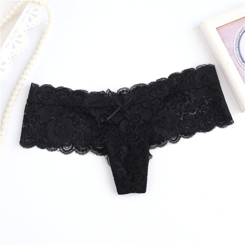 Floral Lace Wide Skirt Thong Panty-Black-Theone Apparel