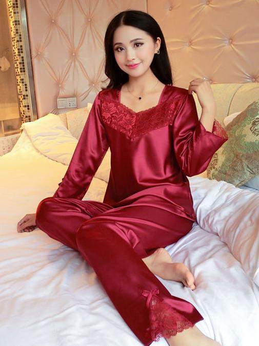 Flower Lace Satin Pajamas Set-Red-Theone Apparel