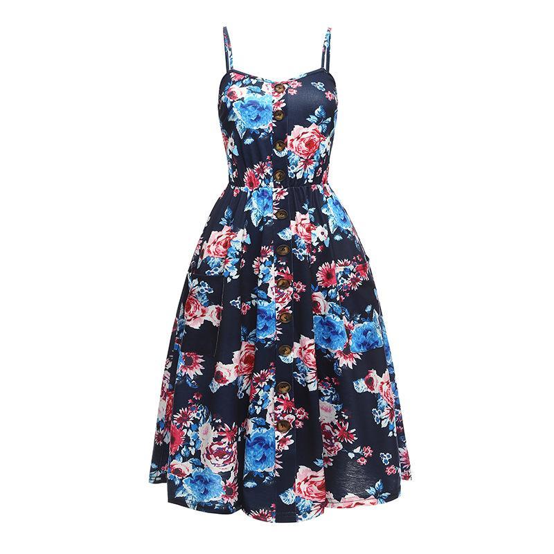 Flower Print Button Up Summer Dress-Black/Blue-Theone Apparel