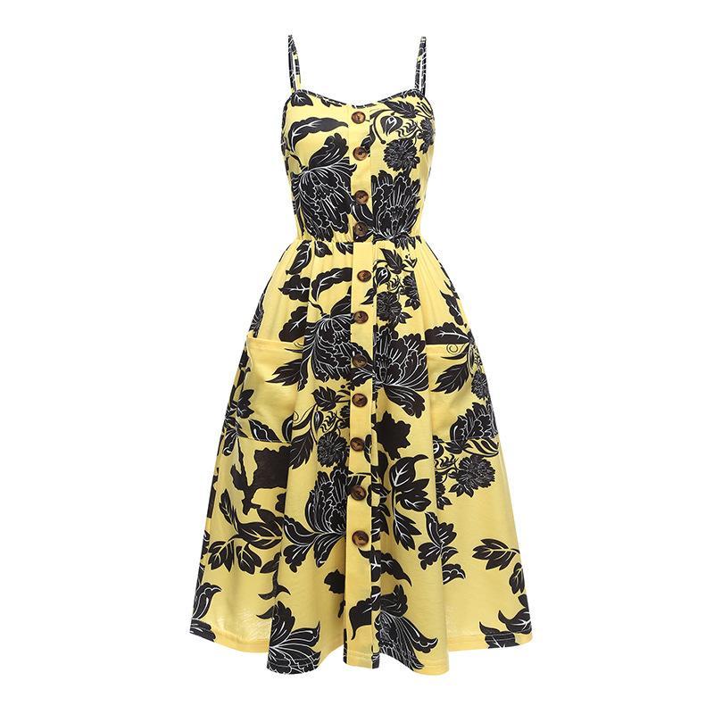 Flower Print Button Up Summer Dress-Yellow/Black-Theone Apparel