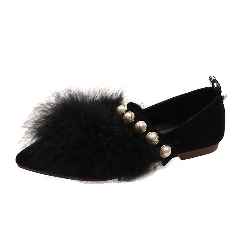 Furry Pearl Trim Fashion Flats - Theone Apparel