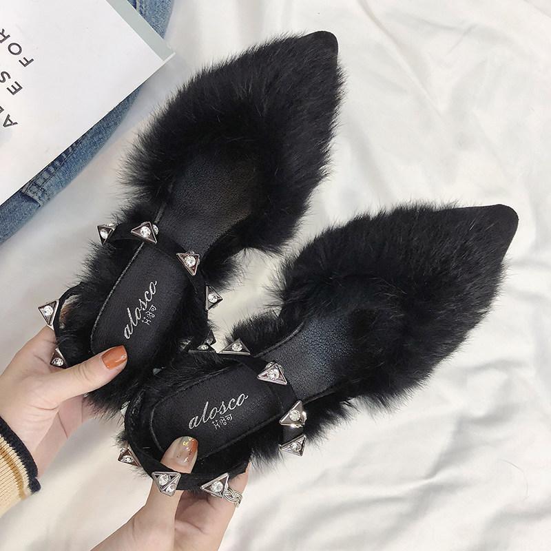 Fuzzy Faux Fur Statement Slides-Black-Theone Apparel