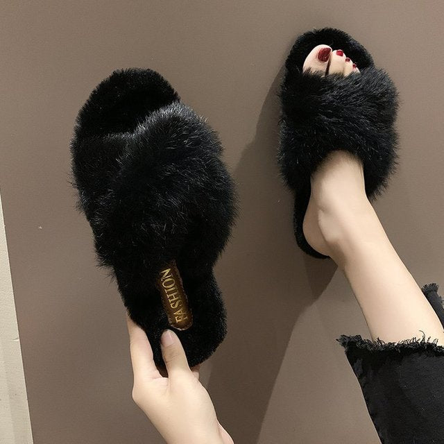 Fuzzy Fur Crisscross Slipper Shoes-Black-Theone Apparel