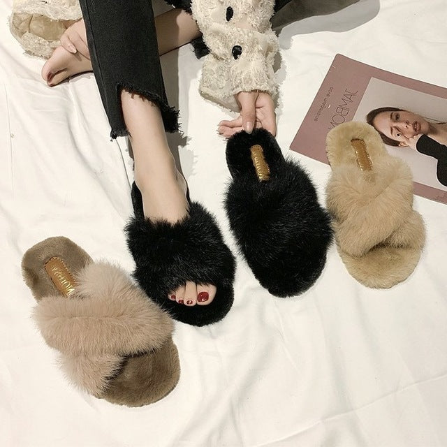 Fuzzy Fur Crisscross Slipper Shoes-Theone Apparel