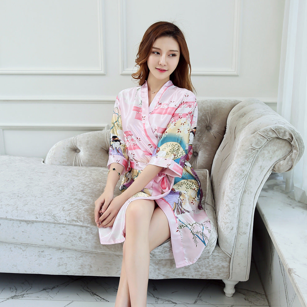 Geisha Art Print Lingerie Robe-Light Pink-Theone Apparel