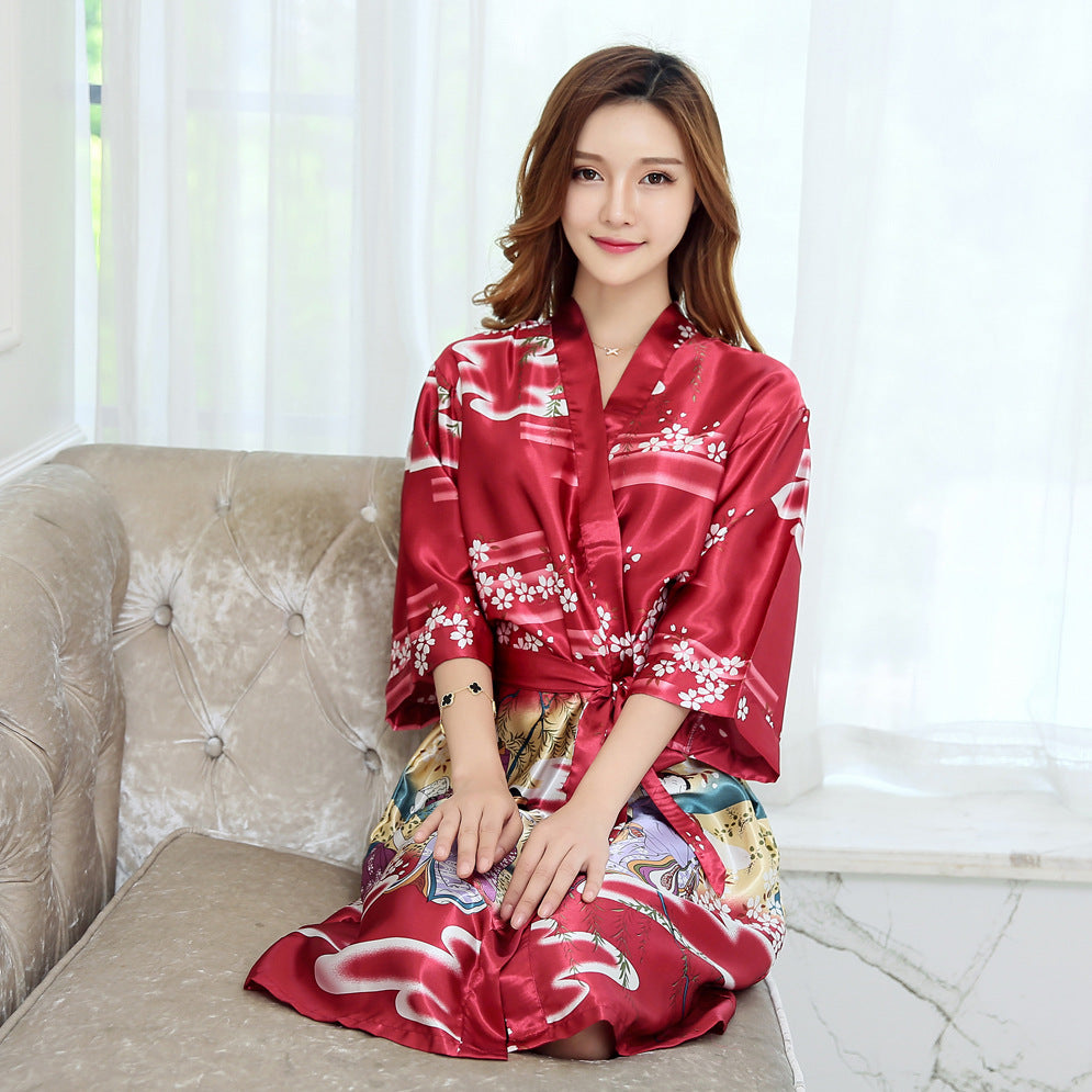 Geisha Art Print Lingerie Robe-Red-Theone Apparel