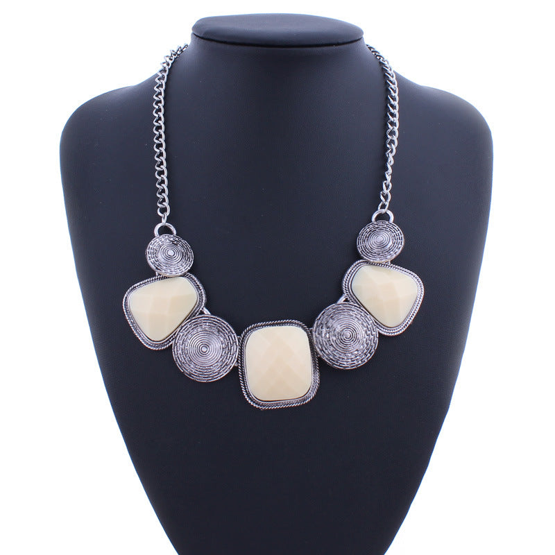 Geometric Retro Gemstone Statement Necklace-Beige-Theone Apparel