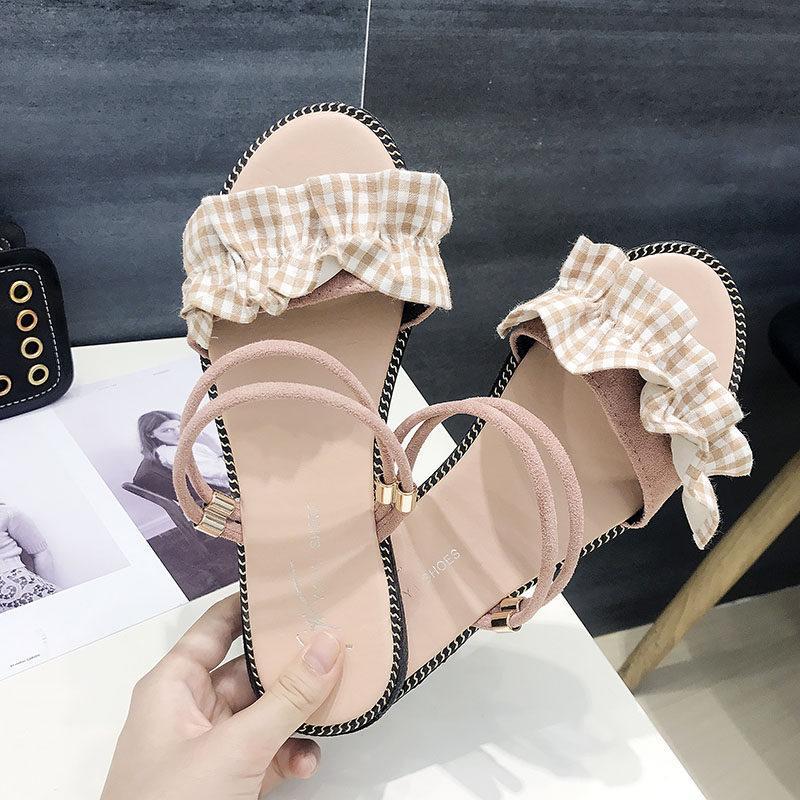 Gingham Print Ruffle Strap Flats - Theone Apparel