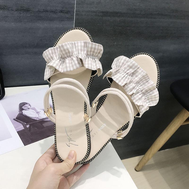 Gingham Print Ruffle Strap Flats-Beige-Theone Apparel