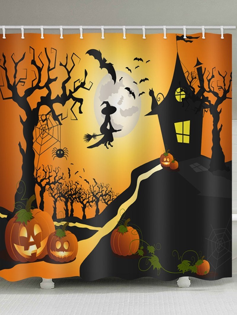 Halloween Castle And Pumpkin Bath Curtain-Black-Theone Apparel