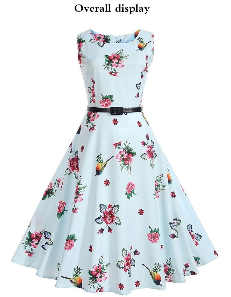 Hummingbird Floral Print A Line Dress-Light Blue-Theone Apparel