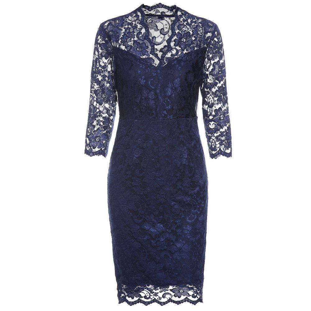Lace Cover Tea Length Formal Dress-Dark Blue-Theone Apparel