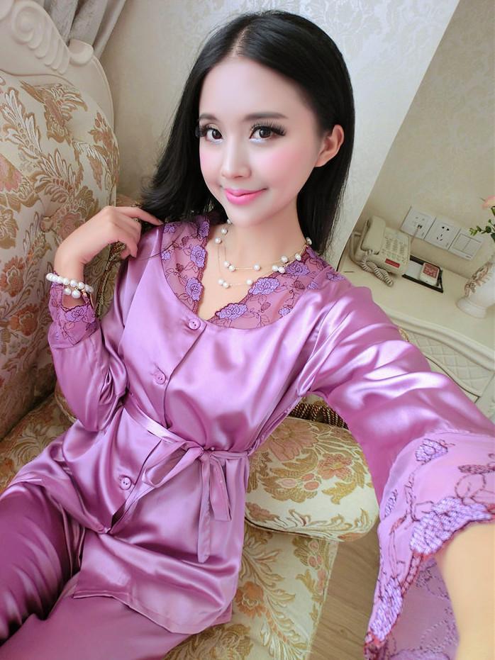 Lace and Satin Pajamas Robe Set-Light Purple-Theone Apparel