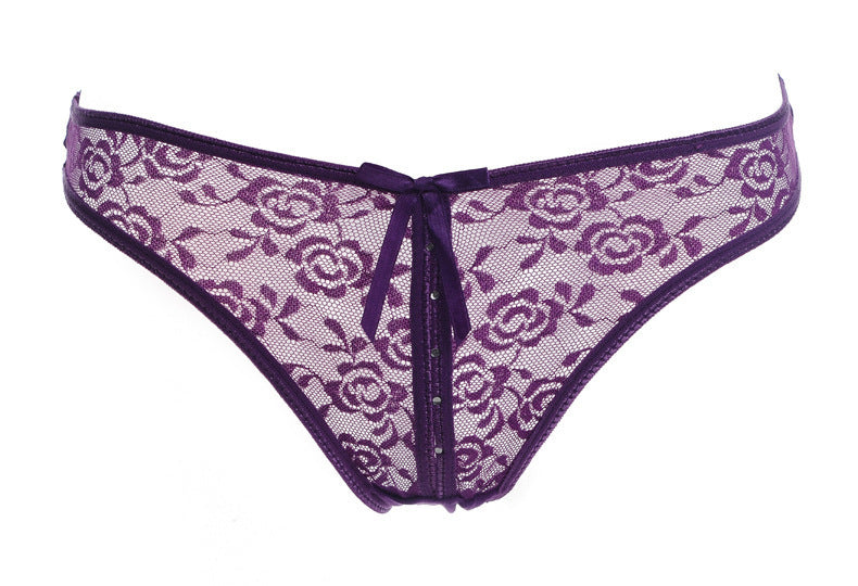 Lacy Low Waist Semi Transparent Bow Thongs-Purple-Theone Apparel