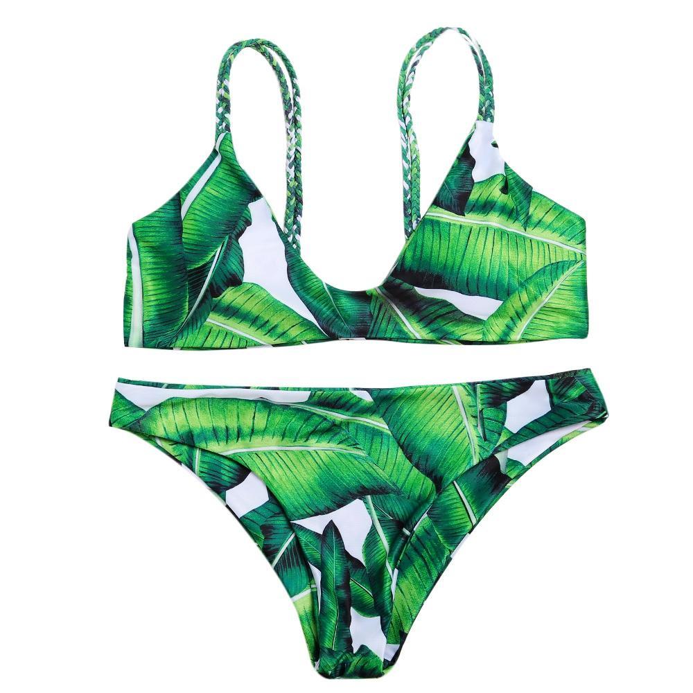 Leaf Print Spaghetti Strap Bikini