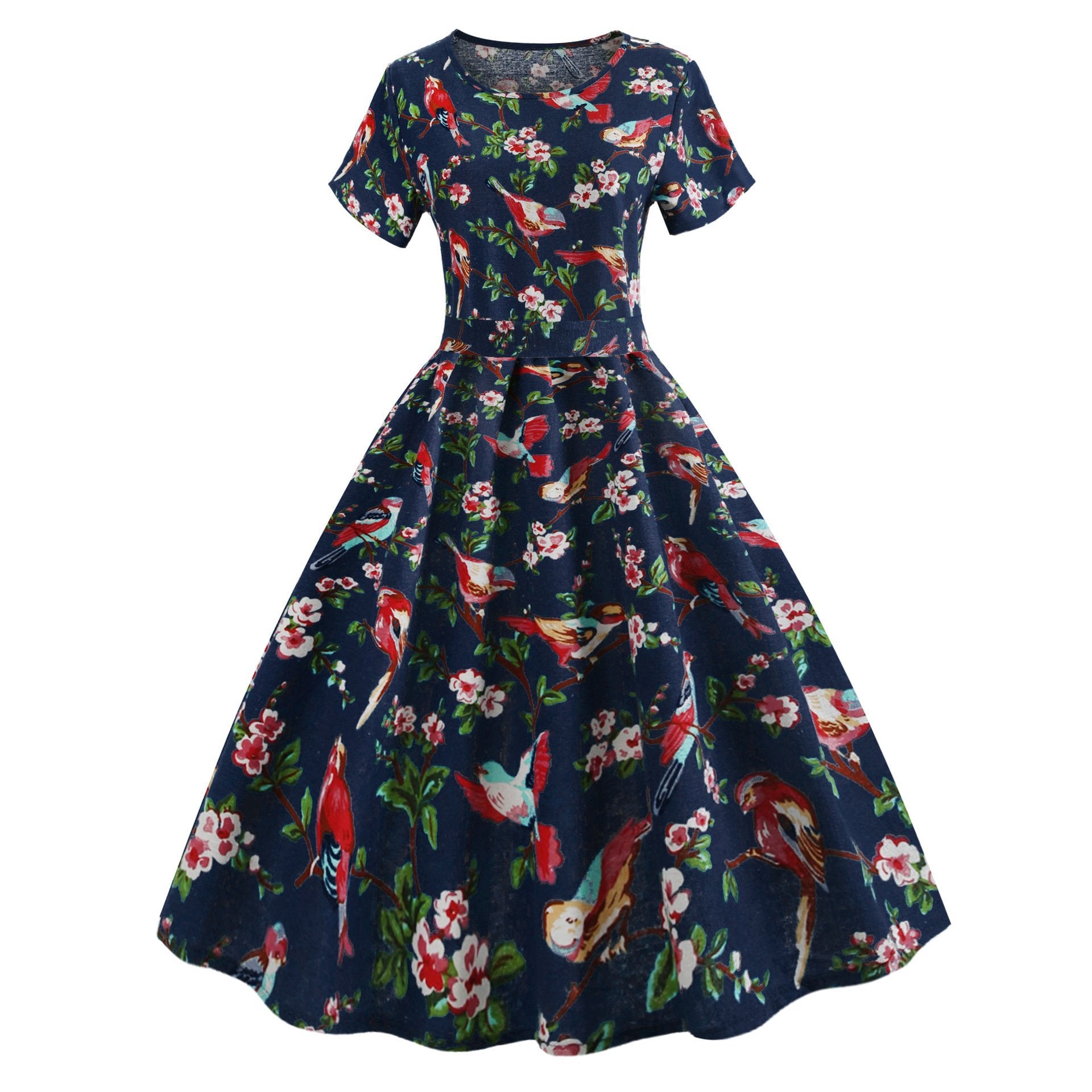 Nature Print Pleat Front Dress-Dark Blue/Red-Theone Apparel