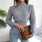 女性用モックネック広い肩長袖クロップドセーター