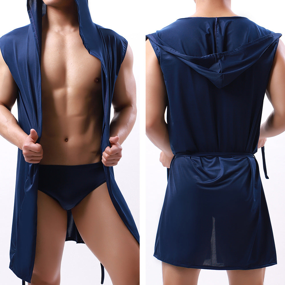 Mens Sexy Sleeveless Hooded Robe