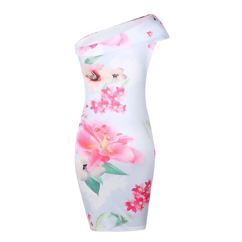 One Shoulder Flower Print Dress