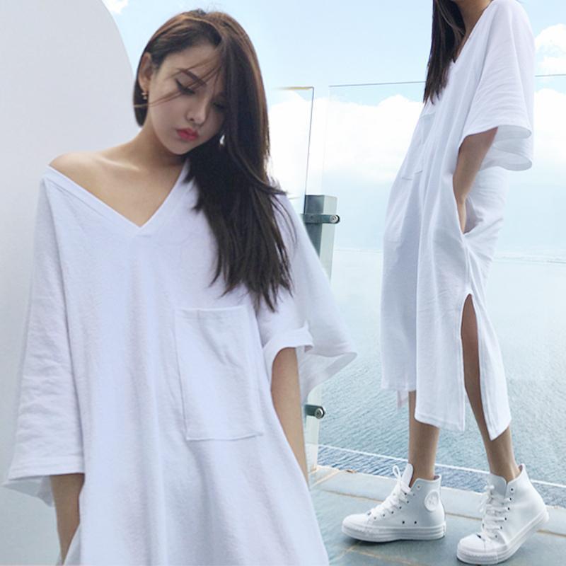 Oversized Side Slit T-Shirt Dress-Style 6-Theone Apparel