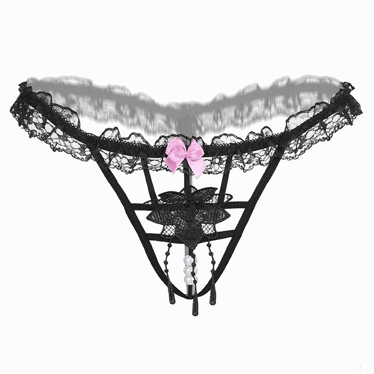 Pearl Strand Floral Applique G String-Black-Theone Apparel