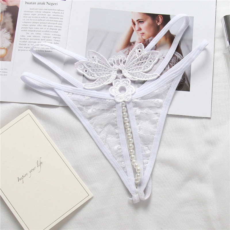 Pearl String and Butterfly Embroidery Thongs-White-Theone Apparel
