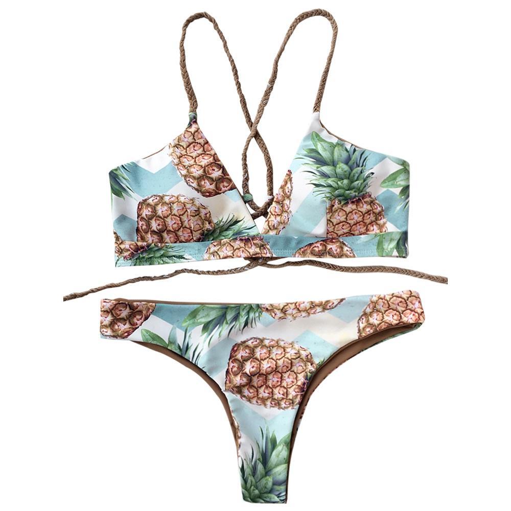Pineapple Print Strappy Bikini Set-Light Blue-Theone Apparel